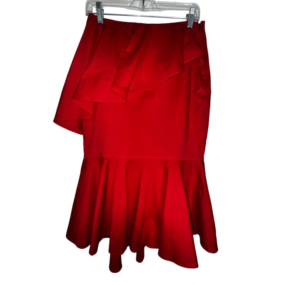 Red Asymmetrical Ruffle Hem Midi Skirt Scripted‎ Small Pinup Sexy Bodycon Glam